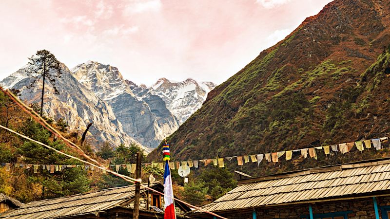 Himalayan mountains landscape on the trek from Chatra Kola to Khotey it is on trekking route to Mera peak in Nepal. View at the Himalayan mountains landscape at Kothe it is on trekking route to Mera peak in Nepal