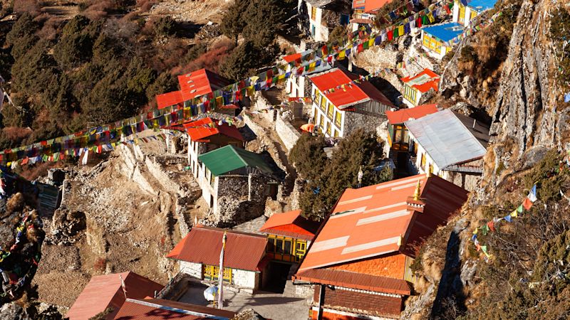 Buddhist monastery in Thame village, Himalayas, Nepal. Village on Everest base camp trek.