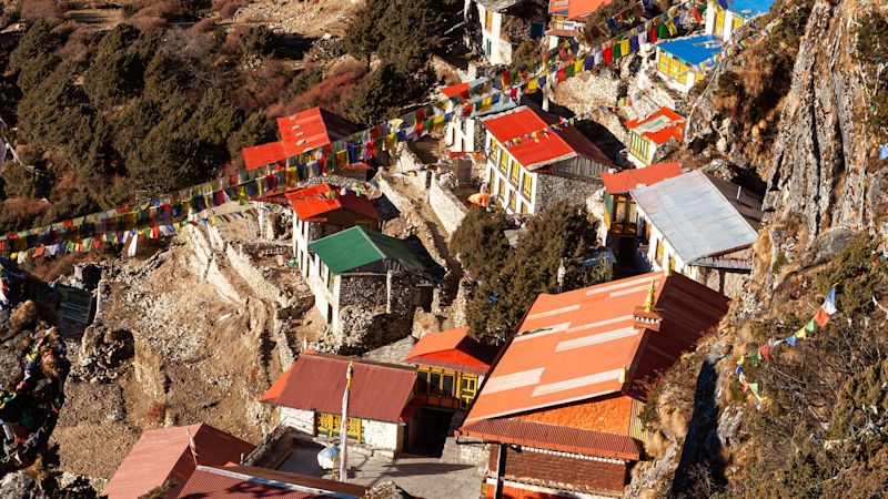 Buddhist monastery in Thame village, Himalayas, Nepal. Village on Everest base camp trek.