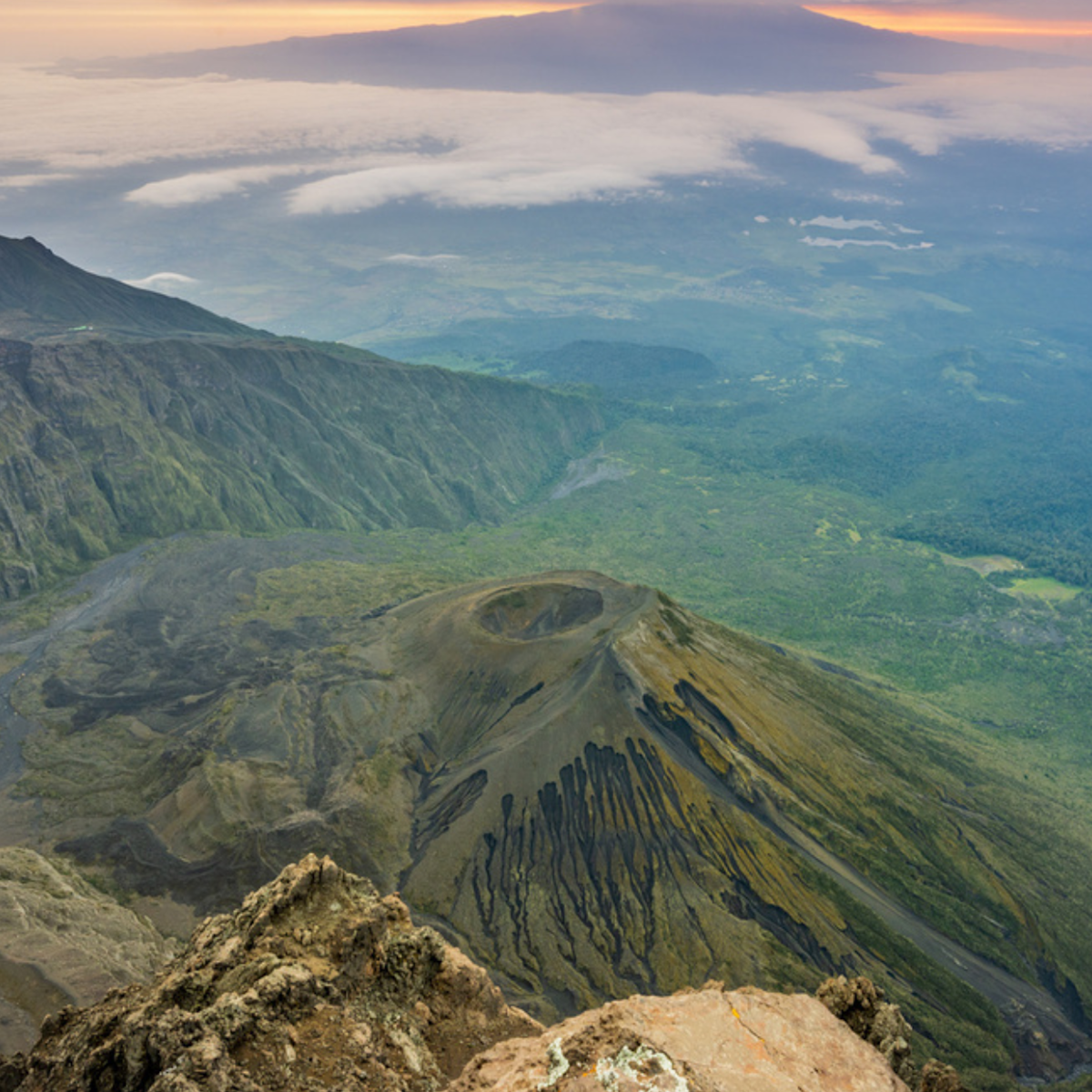 Aerial view and sunrise of Mt Kilimanjaro from Mt Meru