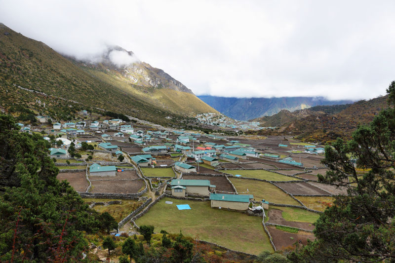 Fields and Khumjung village on the way to Everest Base Camp, Khumbu Region, Nepal Himalaya.