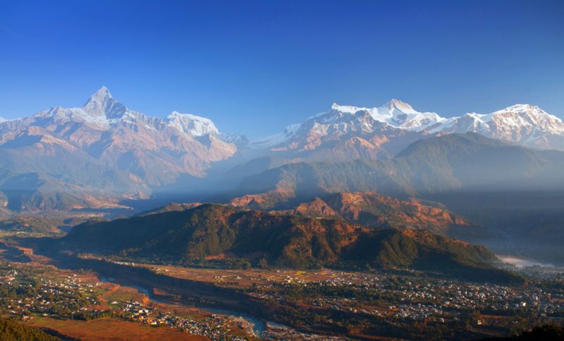 View of Pokhara and Himalayas from Sarangkot Hill viewpoint 
