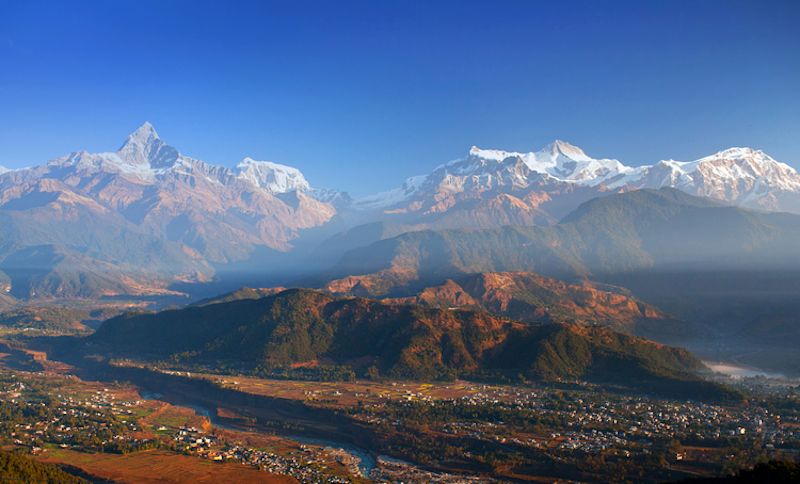 View of Pokhara and Himalayas from Sarangkot Hill viewpoint 