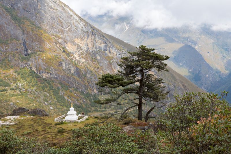 Buddhist stupa structure next to tree, Khunde village, Nepal, Himalaya mountains ridge.