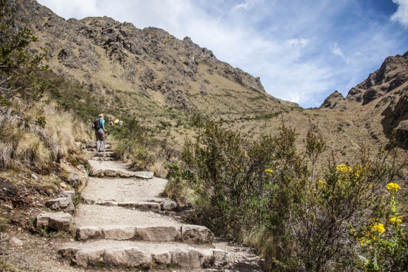 Trekkers on approach to Dead Woman's Pass on Inca Trail in Peru