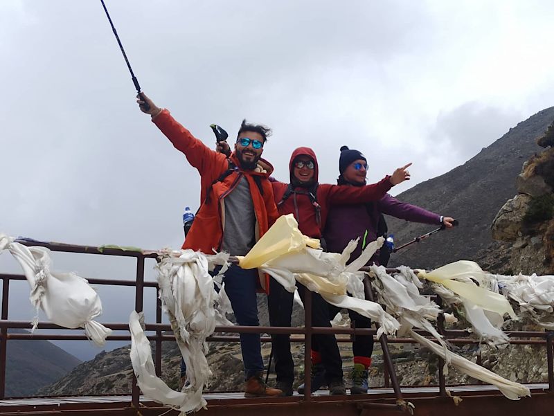 Stefano, Hiram and Oldo on bridge on EBC trek, Nepal