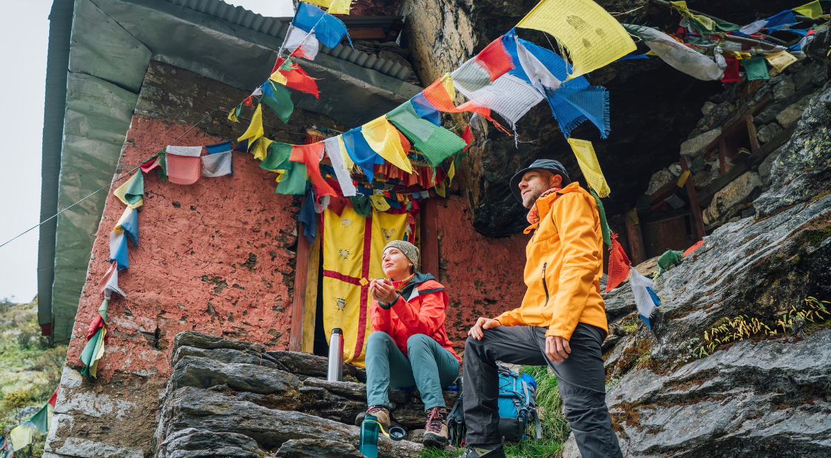 Mera Peak with trekkers taking a tea break
