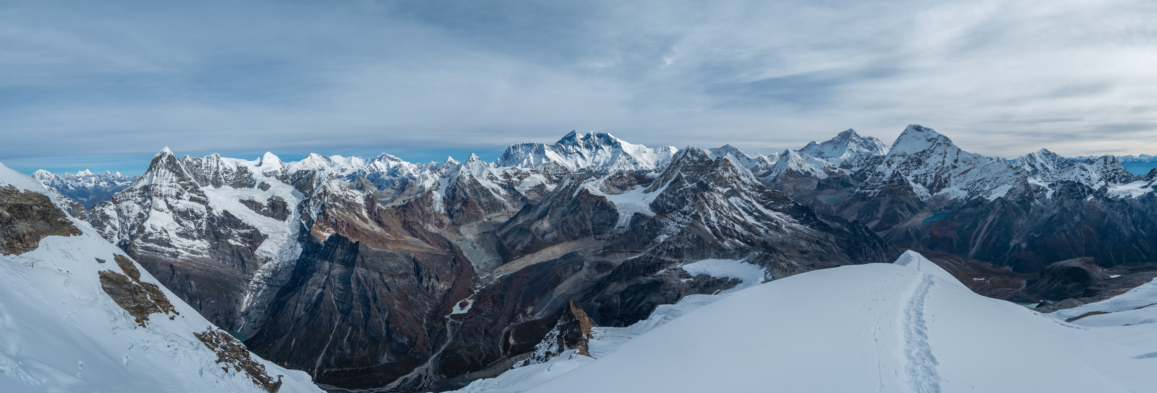 Everest, Nuptse, Lhotse with South Face wall, Makalu, Chamlang beautiful panoramic shot of a High Himalayas from Mera peak high camp site at 5800m