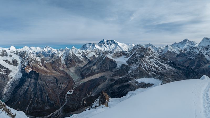 Everest, Nuptse, Lhotse with South Face wall, Makalu, Chamlang beautiful panoramic shot of a High Himalayas from Mera peak high camp site at 5800m