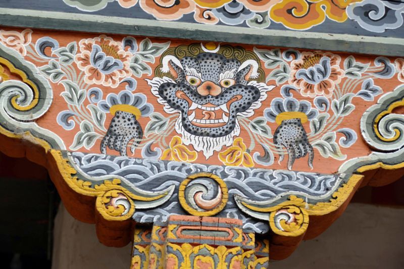 Exterior woodwork of Jambay Lhakhang Temple, Bumhtang District, built C7th by King Songtsen Gampo of Tibet
