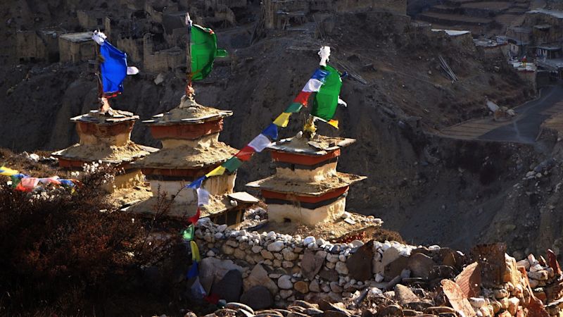 Pur. Buddhist chorten in Phu village in Narphu area, Annapurna, Nepal. Nar Pur Valley trek.