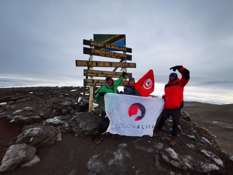 Trekkers standing by sign for Uhuru Peak on summit of Mt Kilimanjaro