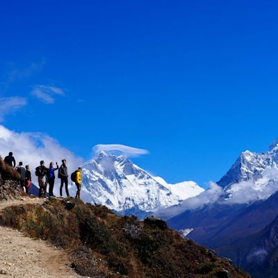 Ours. Dez and Bren group shot EBC trek trail Ama Dablam