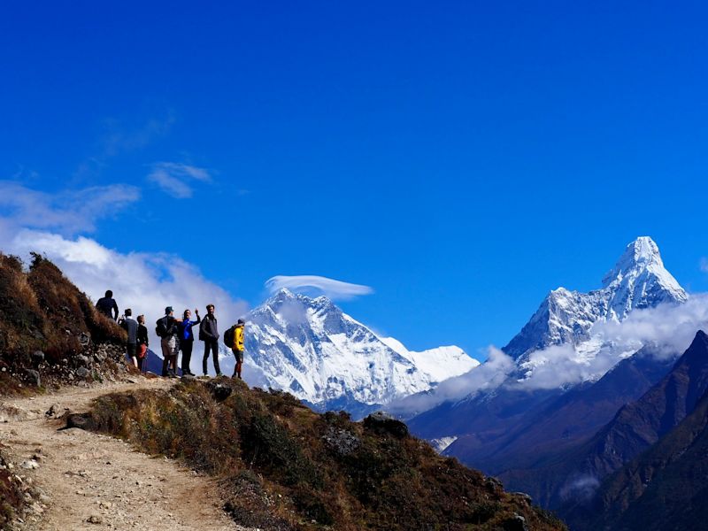 Ours. Dez and Bren group shot EBC trek trail Ama Dablam