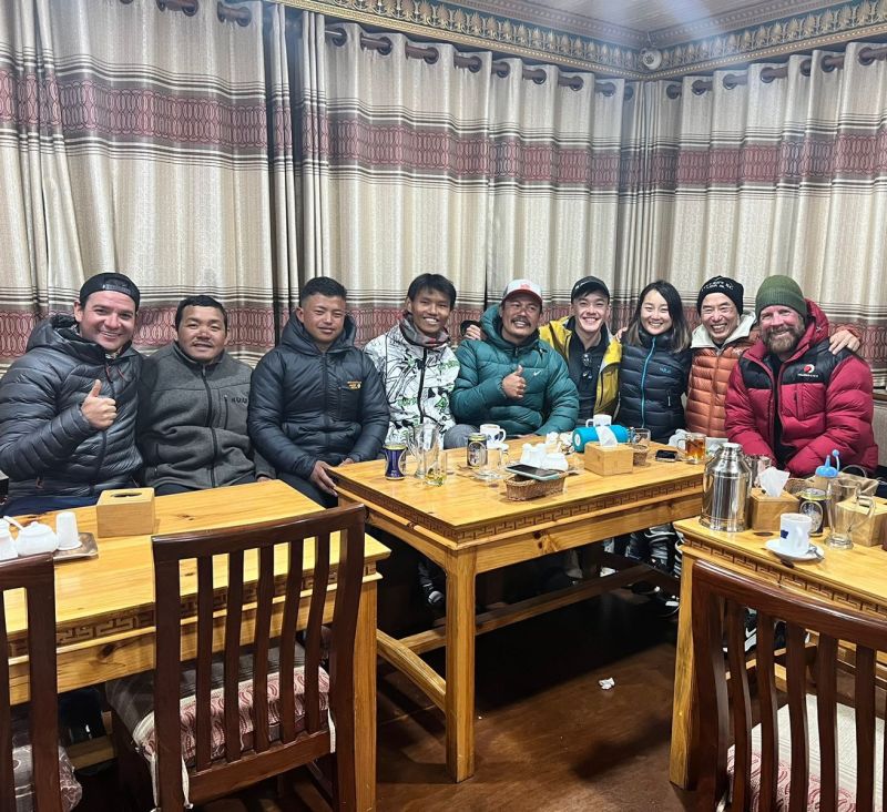 EBC trek group pic in teahouse dining room, April 2023