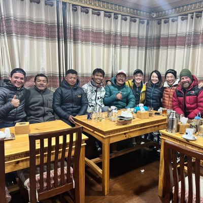 EBC trek group pic in teahouse dining room, April 2023