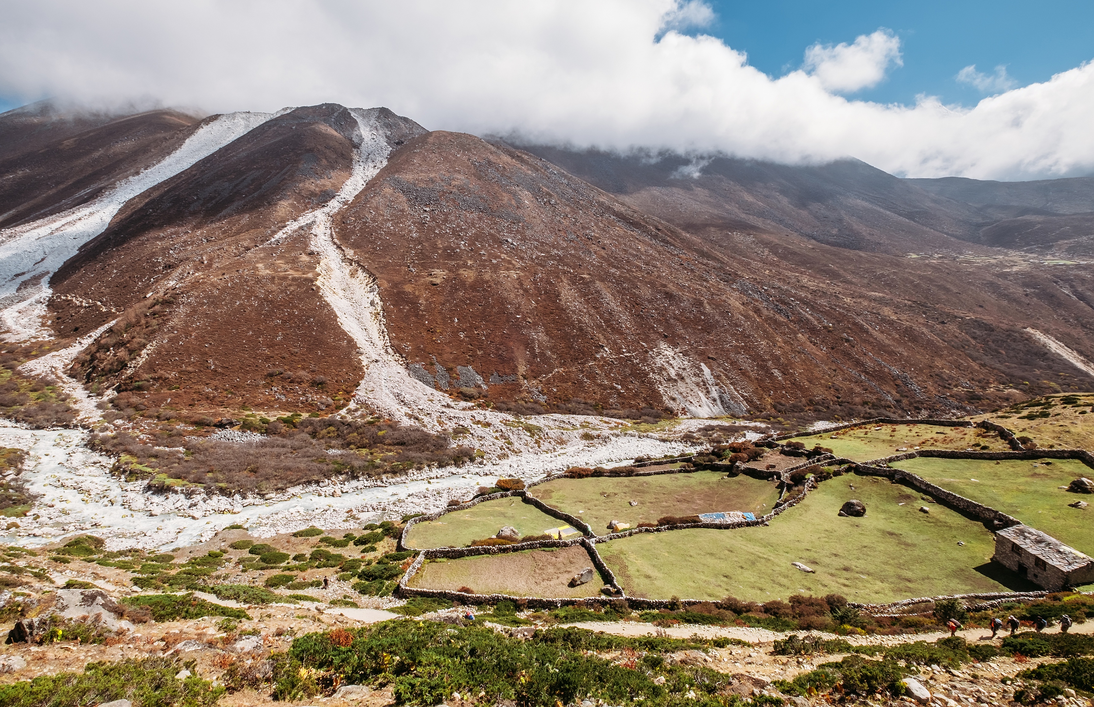 Pur. Glaciers and moraines near Pangboche and Imja Khola river, EBC trek, Nepal