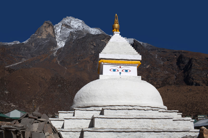 Mt Khumbila with a stupa in the foreground near Khumjung, Nepal