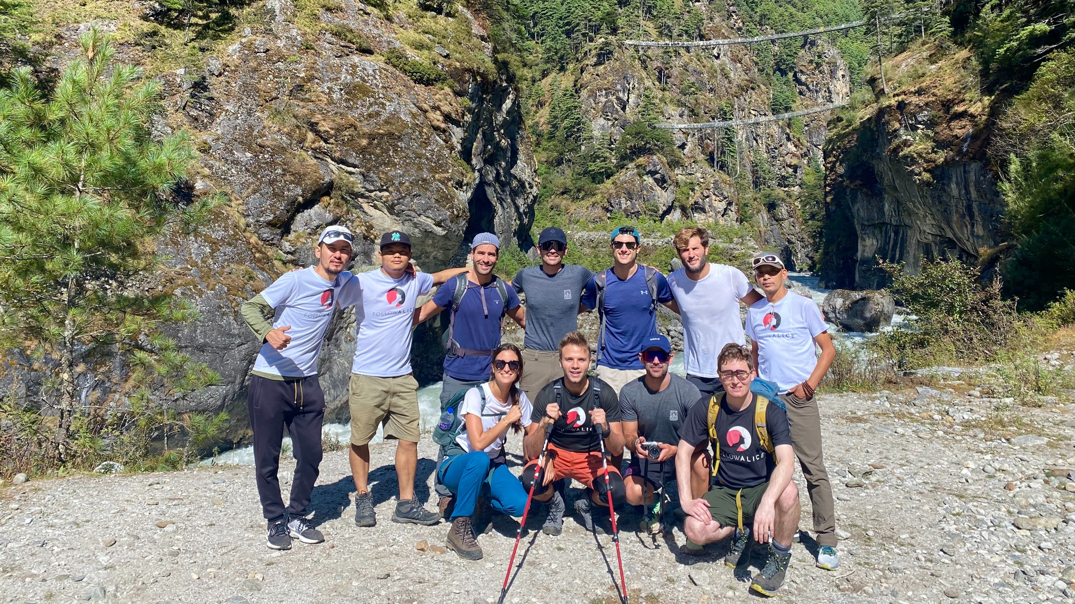 Ours. Dez and Bren group shot Hilary Bridge EBC trek Nepal
