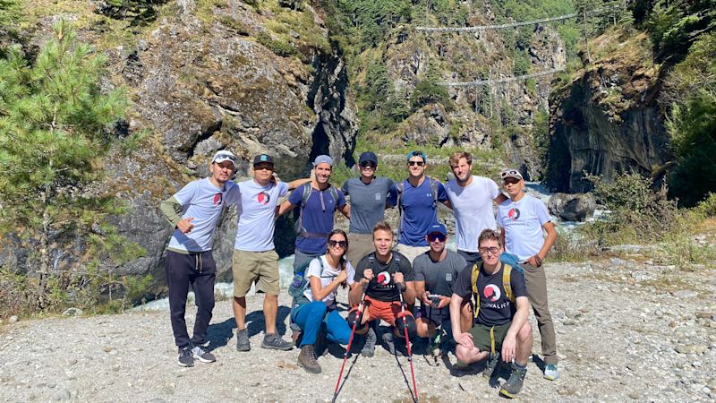 Ours. Dez and Bren group shot Hilary Bridge EBC trek Nepal