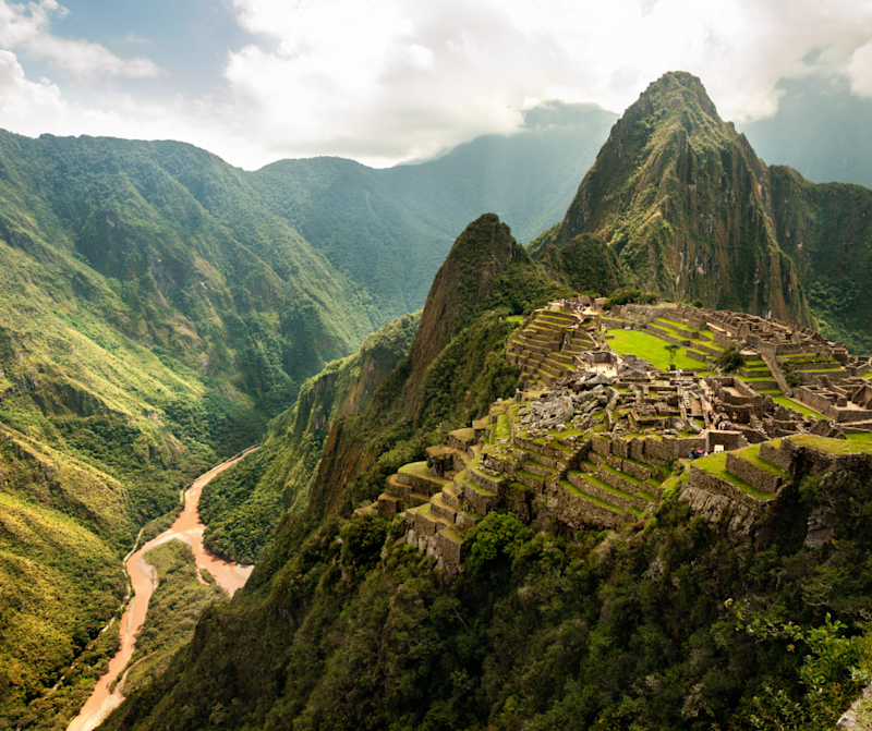 Aerial view of Machu Picchu and Urubamba River below