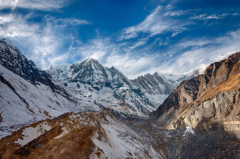 Snow-covered Annapurna mountains in Nepal