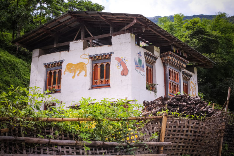 Bhutanese house with traditional phallus paintings near Punakha, Bhutan
