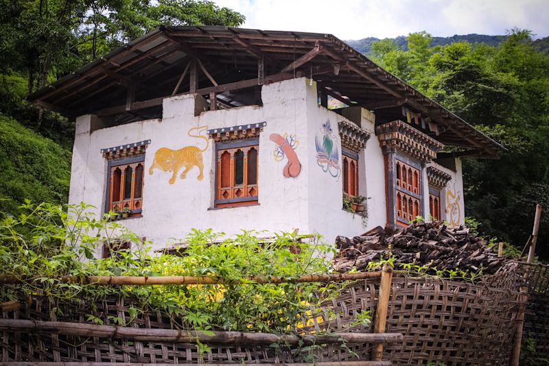 Bhutanese house with traditional phallus paintings near Punakha, Bhutan