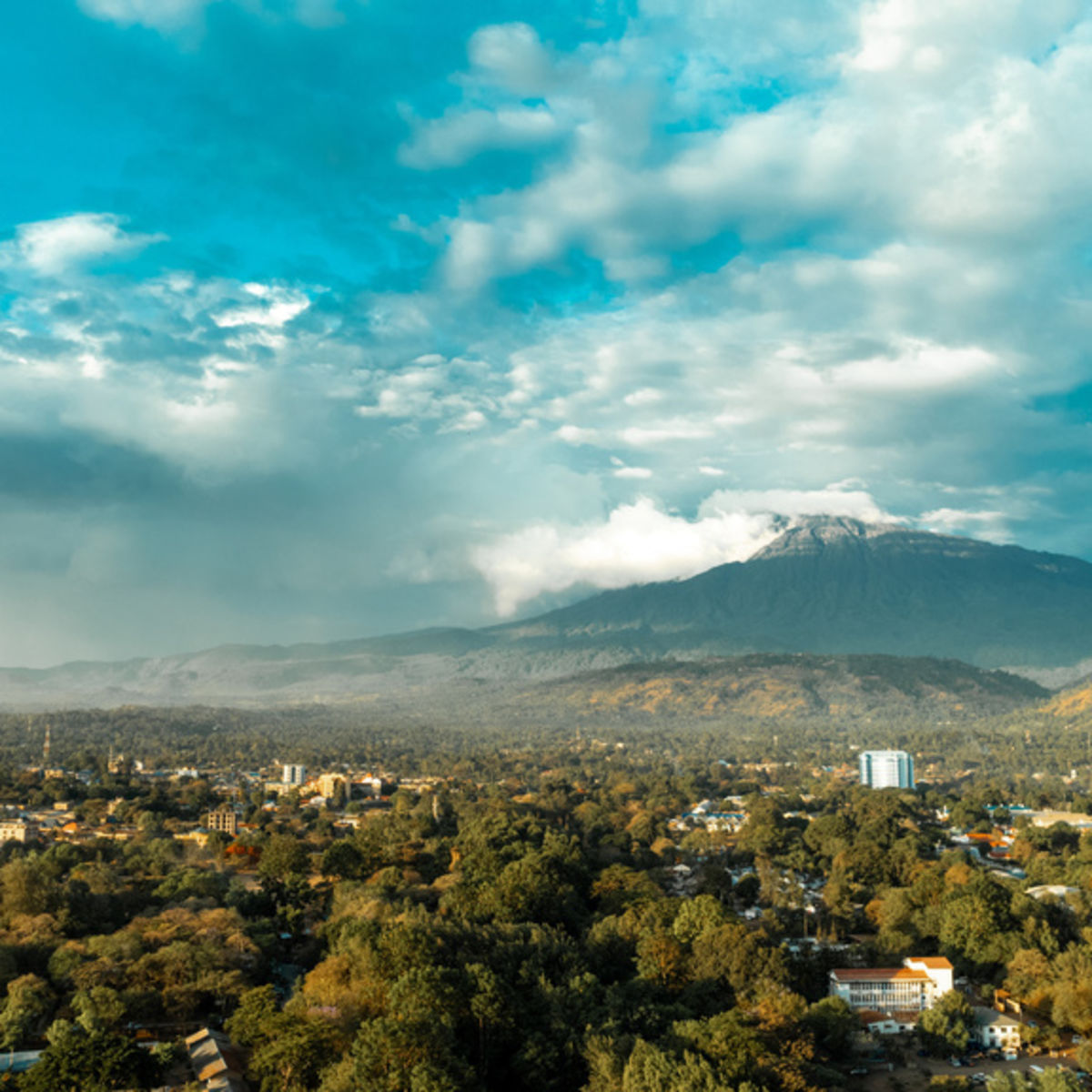 Mt Meru in distance with Arusha in foreground 