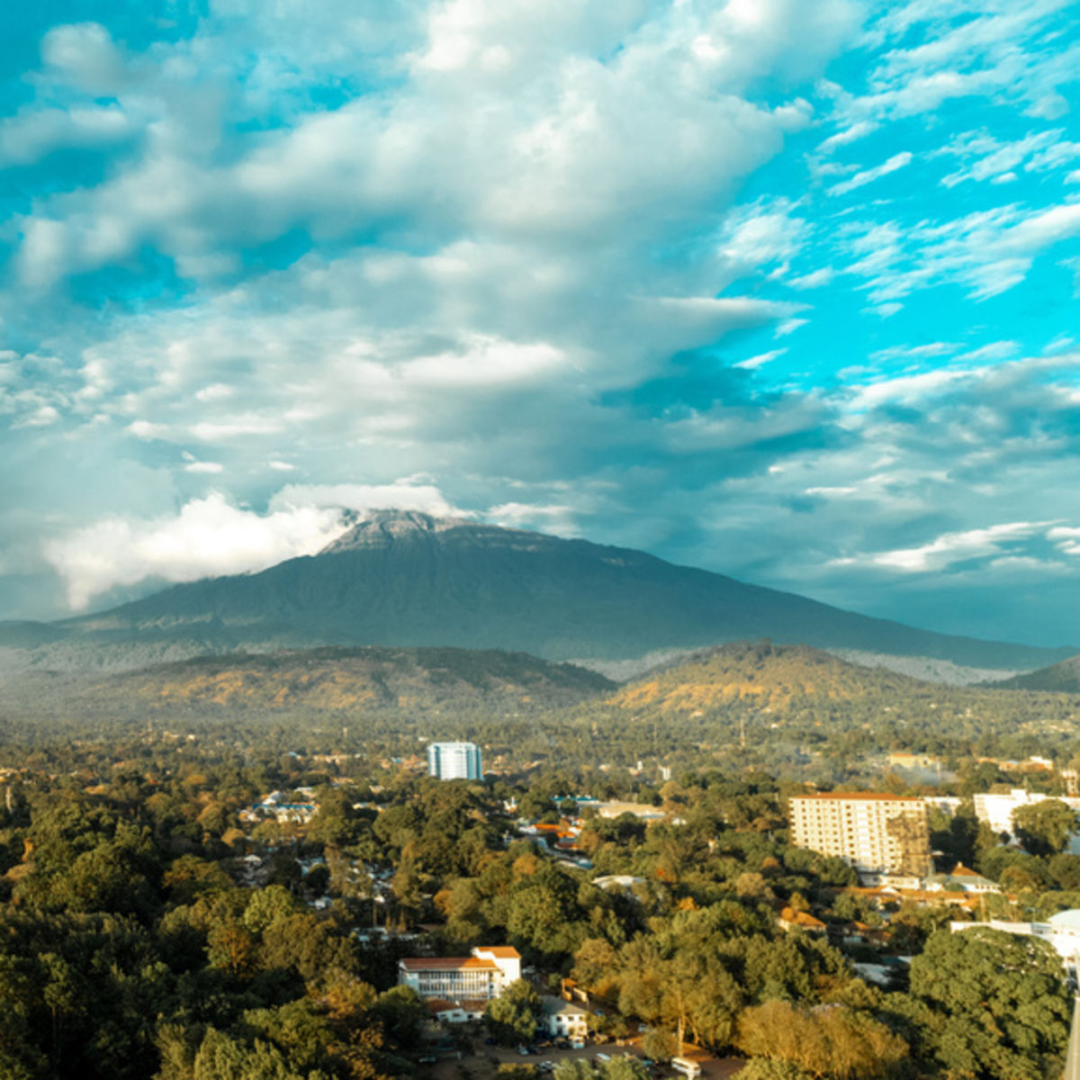 Mt Meru in distance with Arusha in foreground