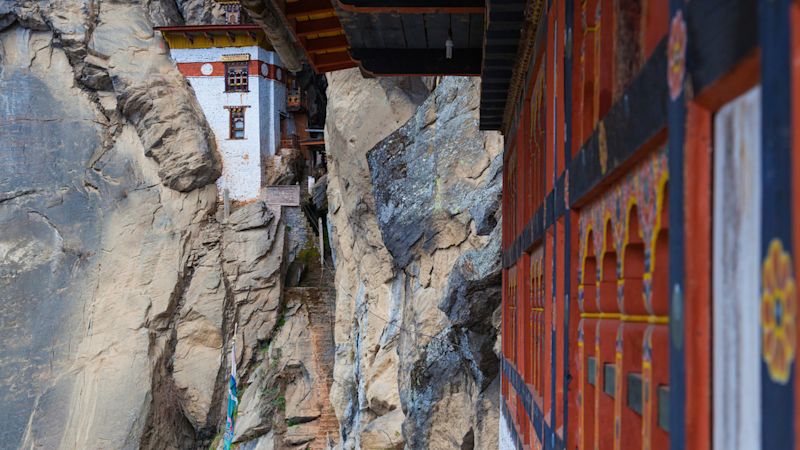 Bhuddist monastery called Paro Taktsang, the Tigers Nest in Himalayan mountains. Paro District, Bhutan.