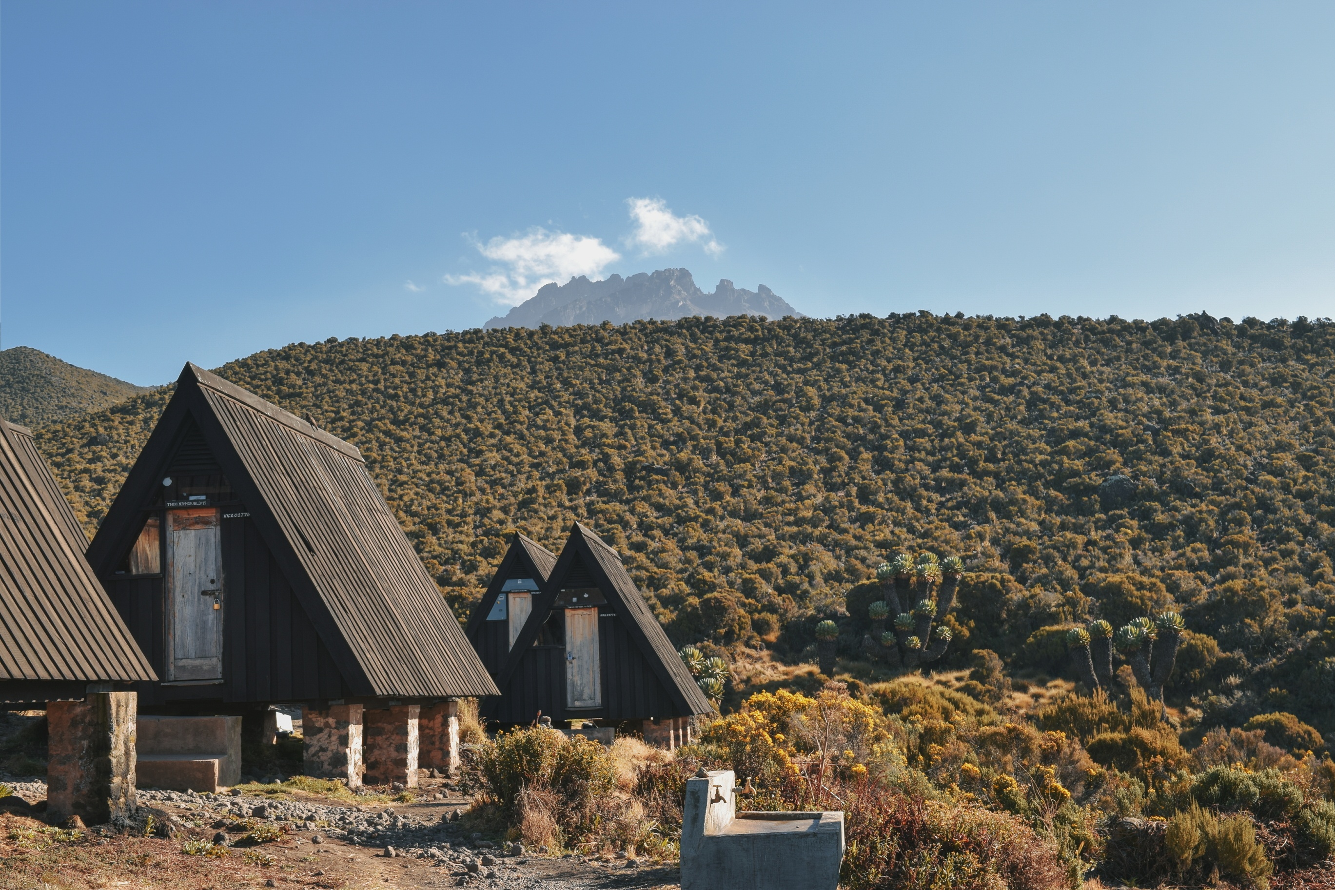 Horombo Hut, Mount Kilimanjaro. horombo hut against the background mawenzi peak, mount kilimanjaro, tanzania