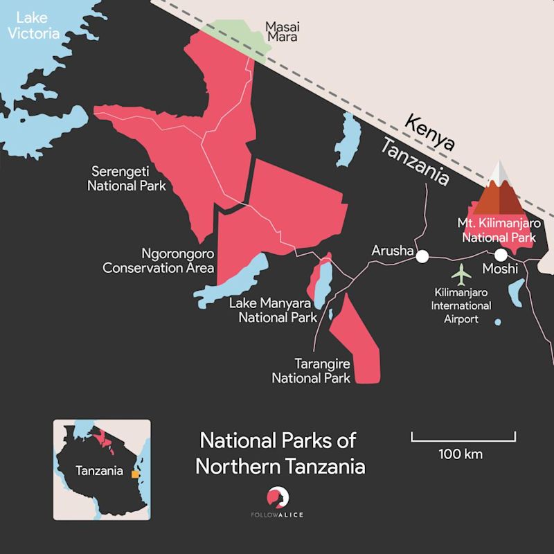 Map of Northern Circuit parks, Tanzania