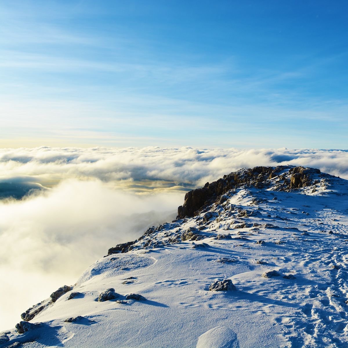 Snowy summit of Kilimanjaro with clouds below