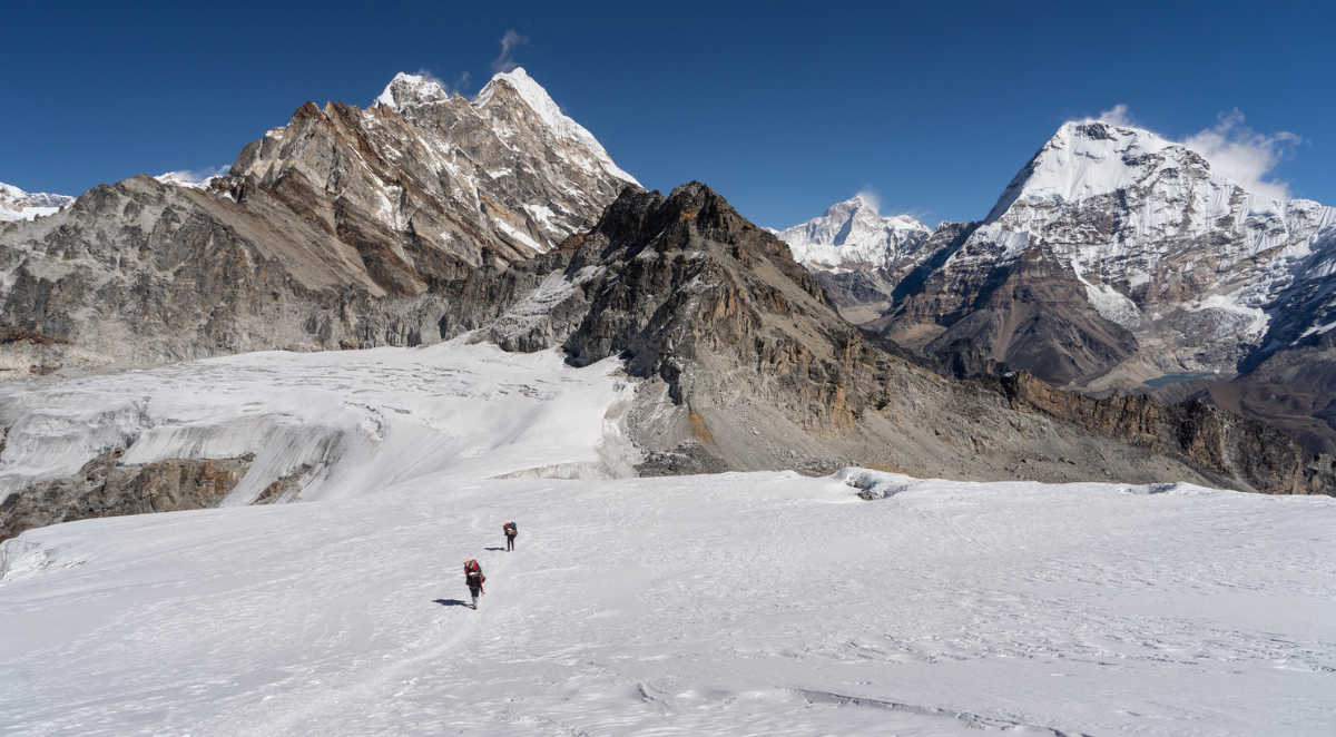 Trail from Mera peak base camp to Mera peak high camp walk on glacier, Khumbu region Himalayas mountain, Nepal