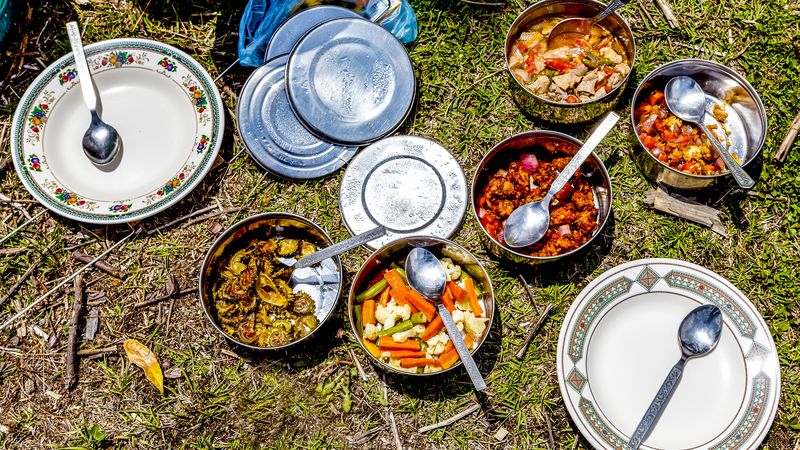 Outdoor picnic with Bhutanese dishes, food