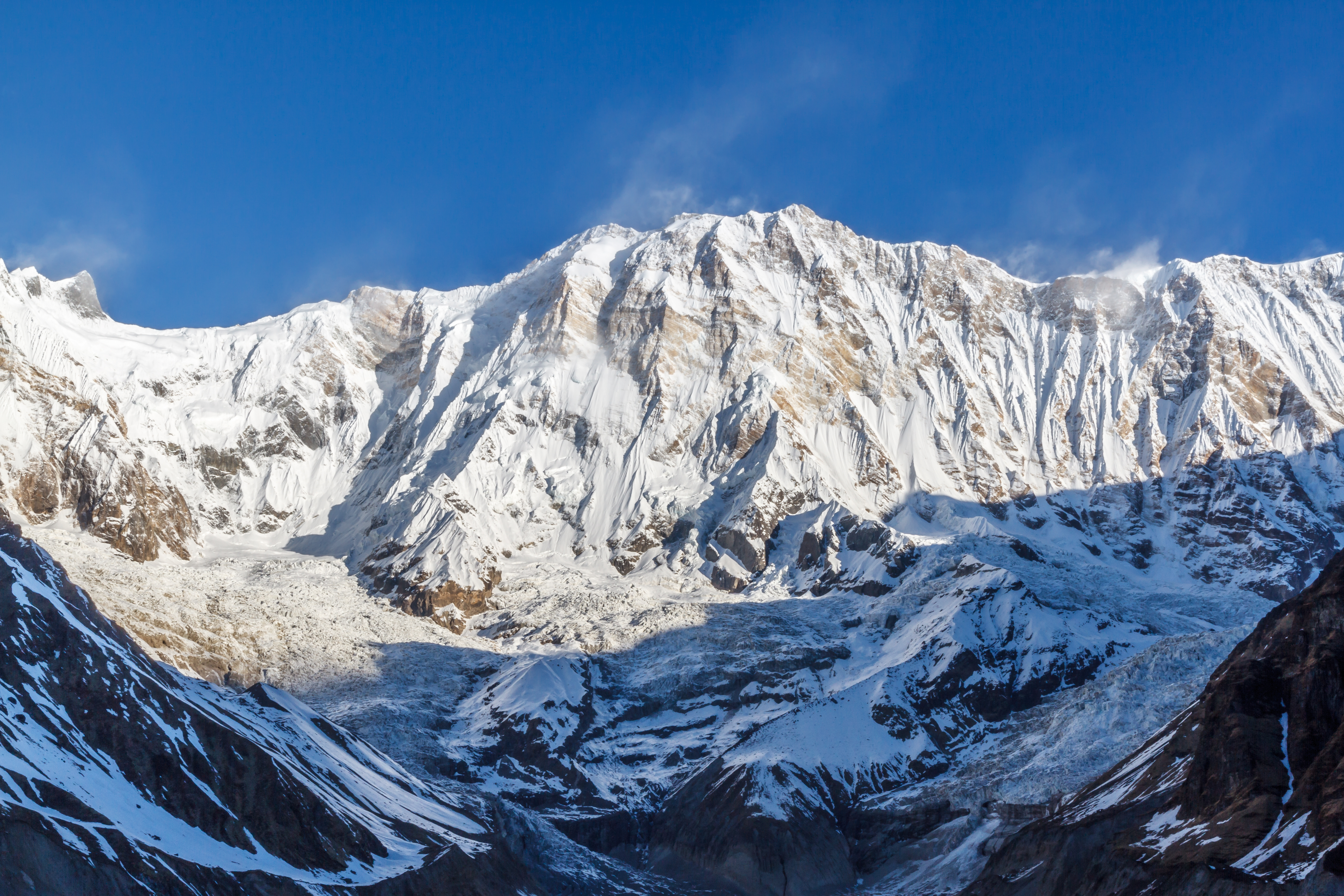 South face of Annapurna I. With an altitude of 8091m, Annapurna I is the 10th-highest peak. It was the first 8000 - metre peak to be climbed, but it is also considered the most dangerous with the highest fatality rate.

