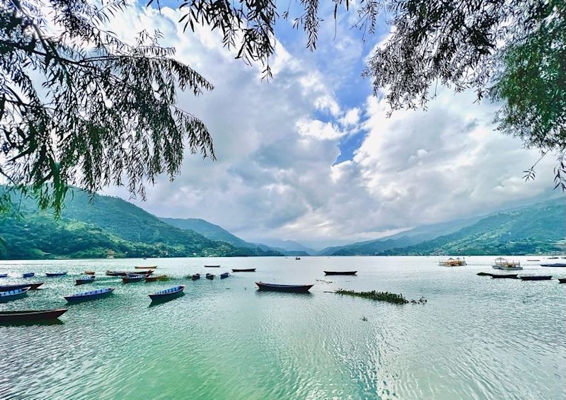 Pokhara's Phewa Lake full of canoes