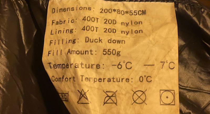 Example of sleeping bag temperature rating