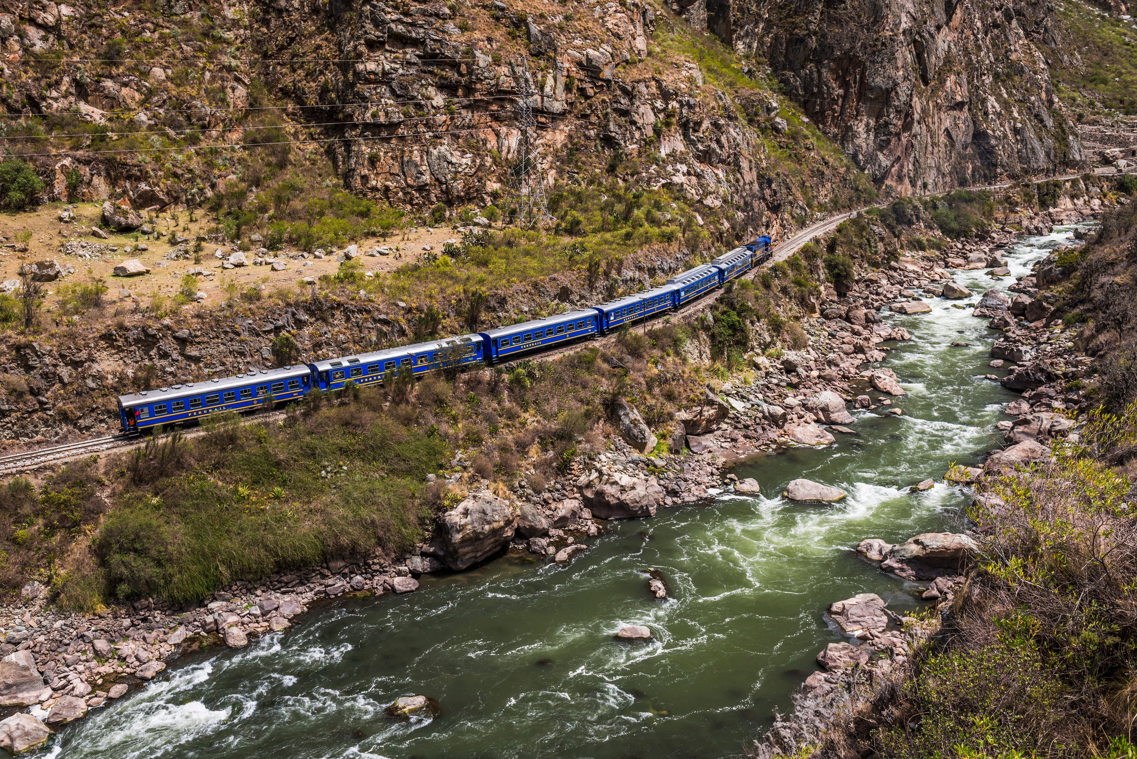 Train between Machu Picchu at Aguas Calientes and Ollantaytambo through the Sacred Valley, Cusco Region, Peru, South America