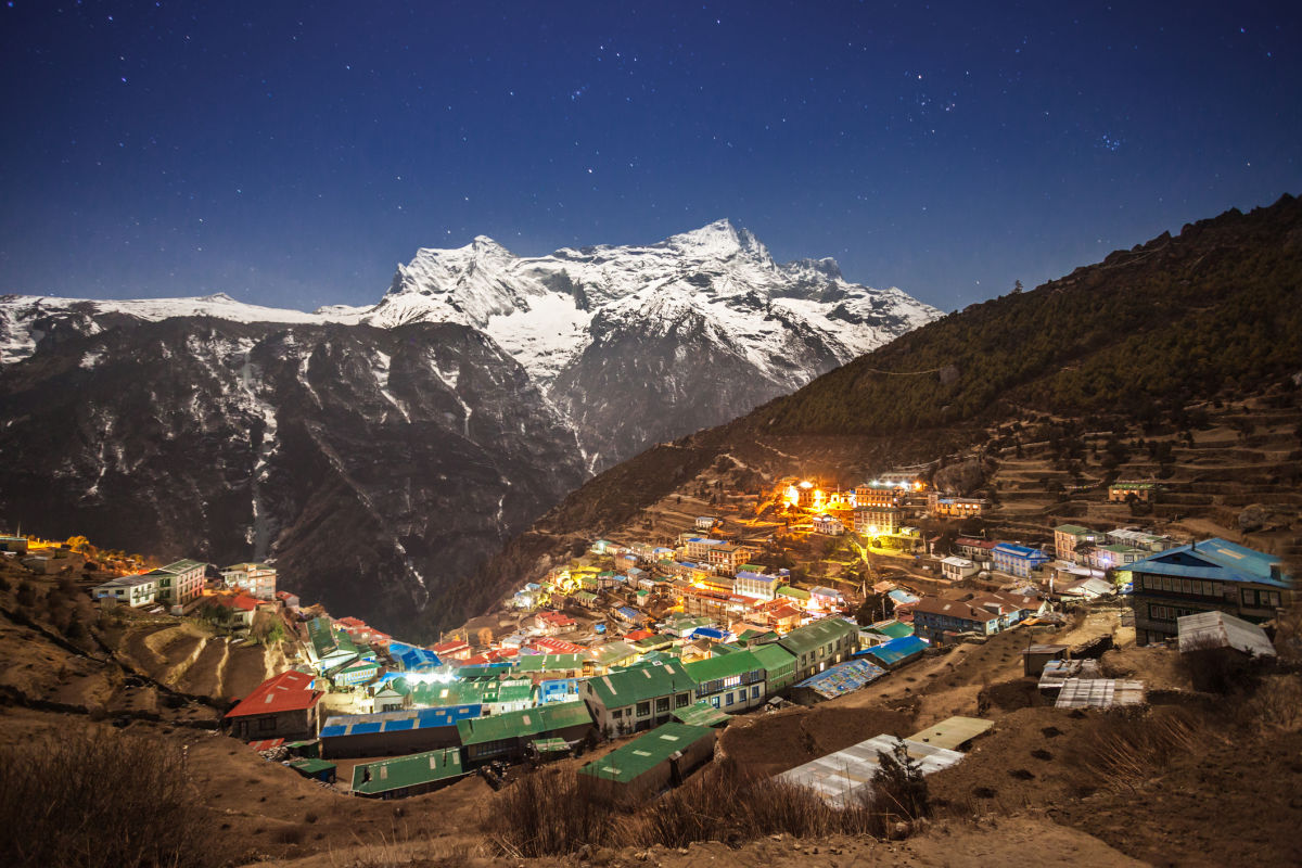 Namche Bazaar aerial view, Everest trek, Himalaya, Nepal at night
