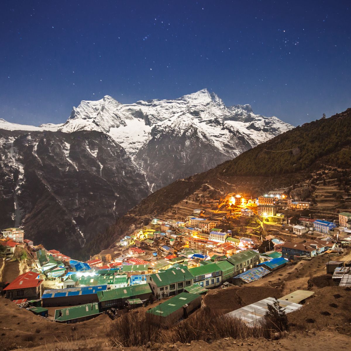 Namche Bazaar aerial view, Everest trek, Himalaya, Nepal at night