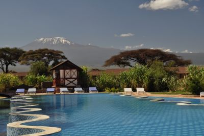 Kilima Safari Lodge swimming pool and Mt Kilimanjaro view, Kenya safari