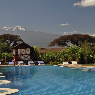 Kilima Safari Lodge swimming pool and Mt Kilimanjaro view, Kenya safari