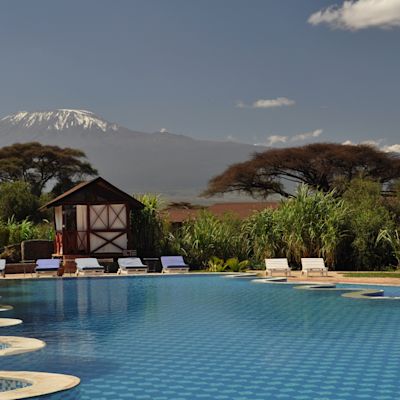 Kilima Safari Lodge swimming pool and Mt Kilimanjaro view, Kenya safari