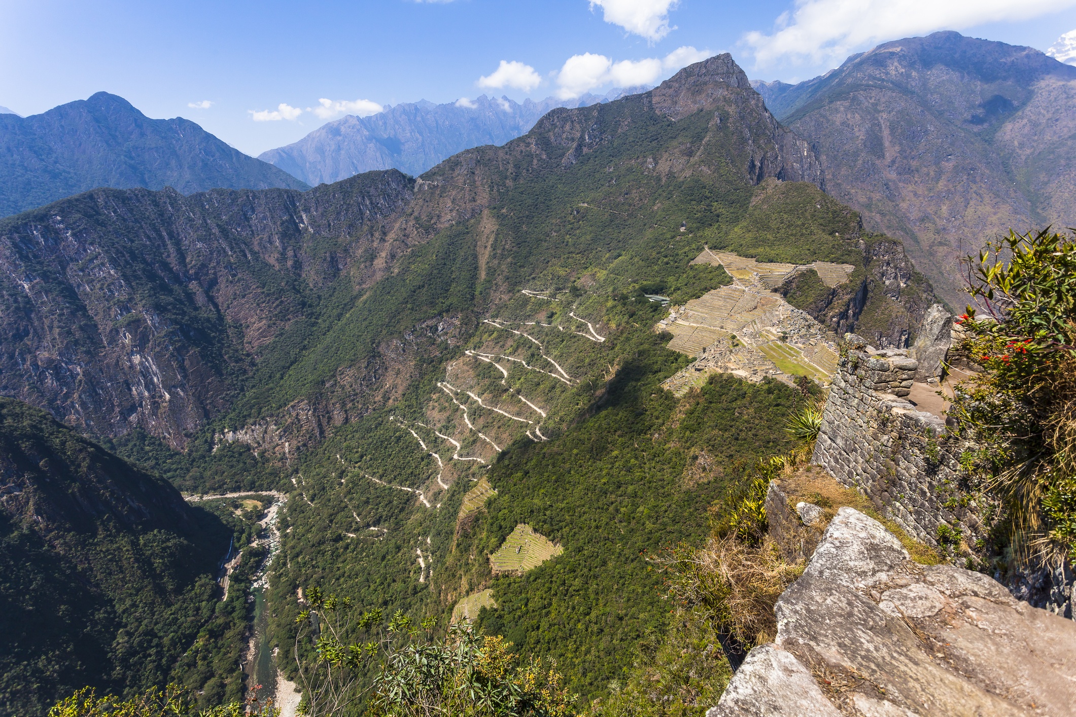View from Waynapicchu to Machu Picchu and bus road