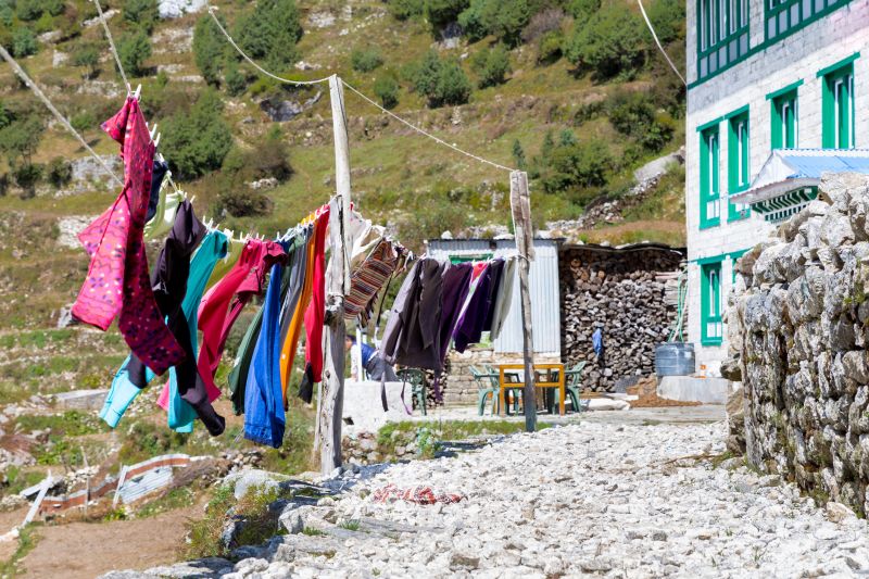 Laundry drying outside teahouse lodge in Namche Bazaar, Nepal