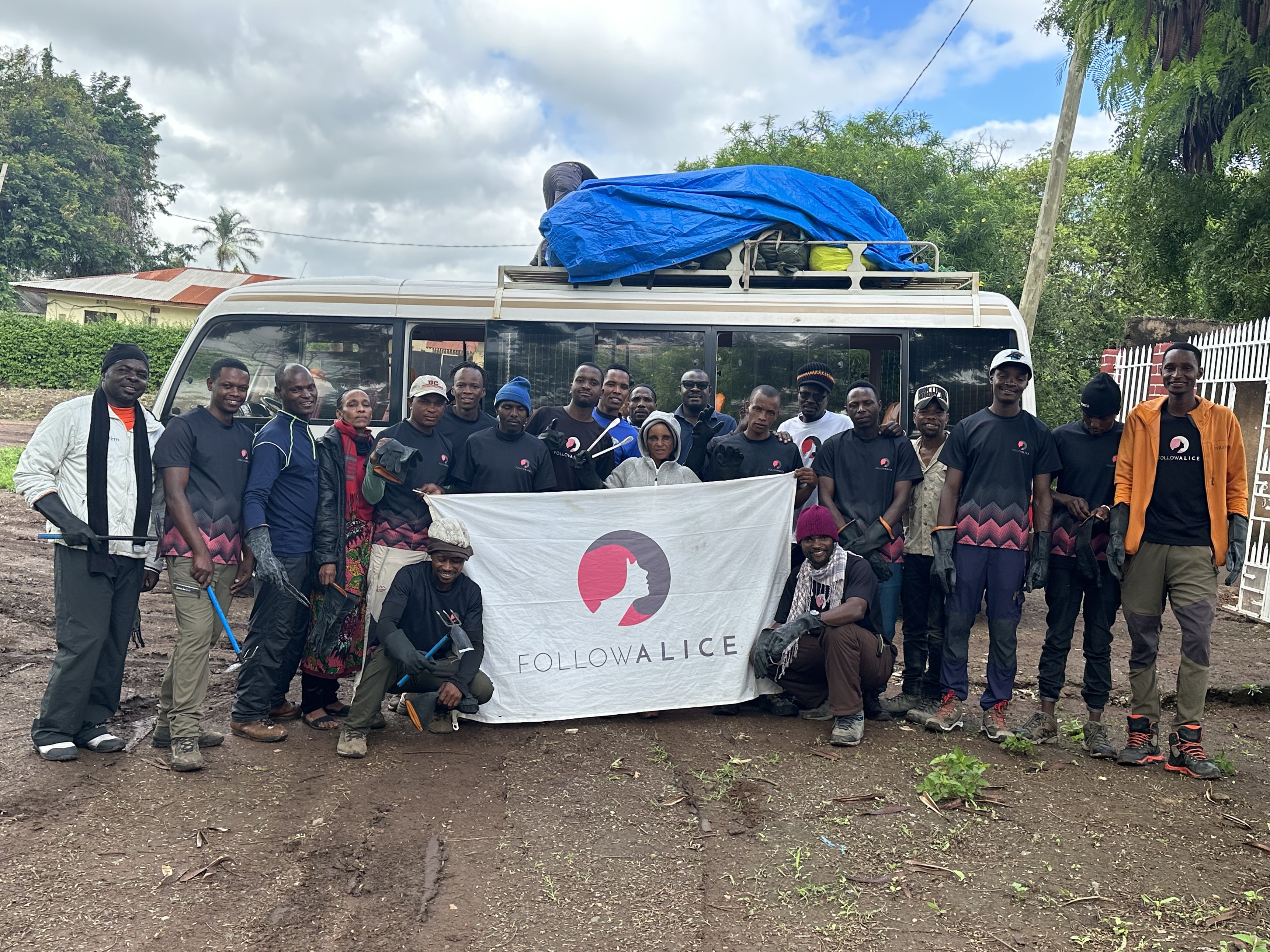 Follow Alice mountain crew by vehicle at start of 2023 Kili cleanup