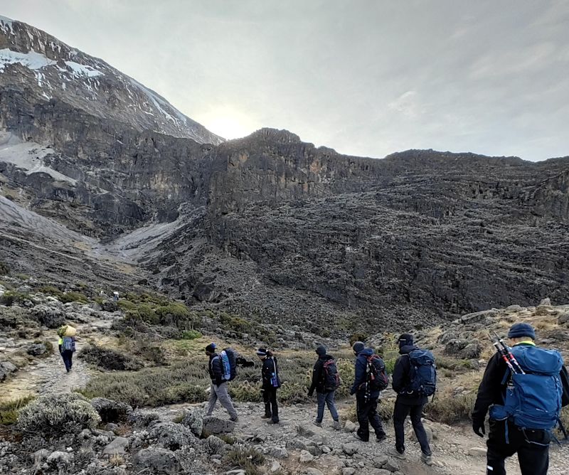 Climbers heading to Barranco Wall on Kilimanjaro