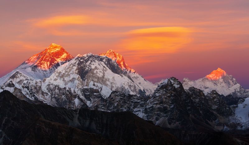 Pur. Evening sunset view of Mt Everest, Mt Lhotse and Mt Makalu from Renjo Pass